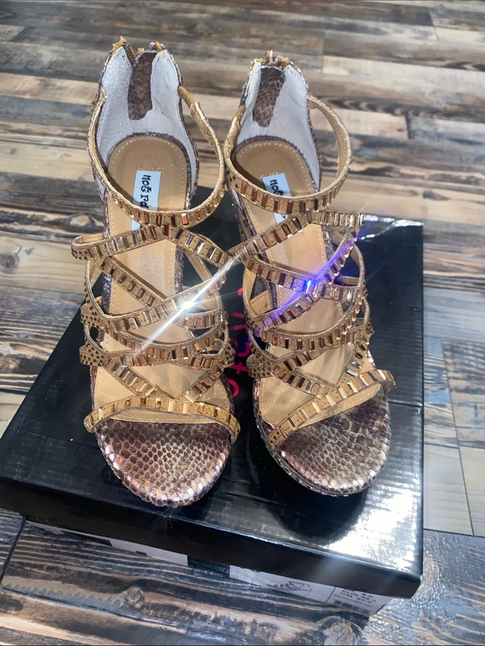 Not Rated Metallic Gold and Taupe Snake-Print Wedge Sandals